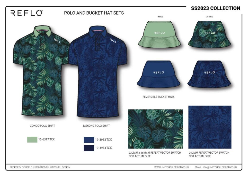 Reflo Printed Polo Shirt and Reversible Bucket Hat Design – J Mitchell Fashion Design Two tropical print polo shirts and reversible bucket hats designed by J Mitchell Design for Reflo SS2023