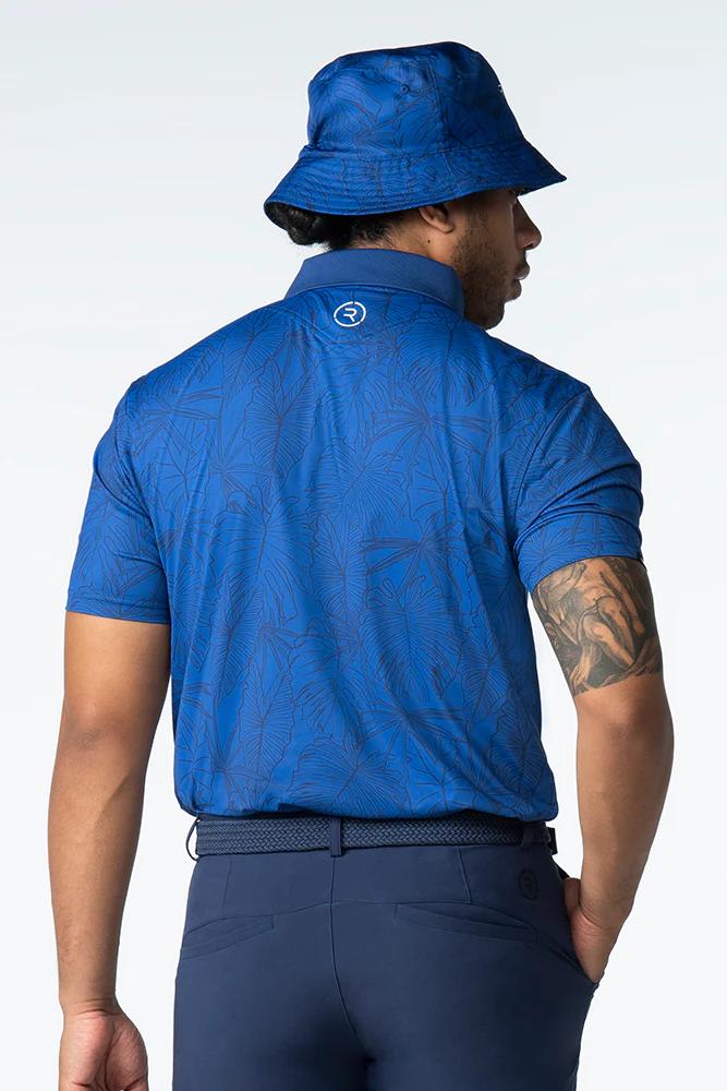 reflo-golfwear-blue-jungle-shirt-back-detail Reflo golf polo back view with tonal jungle pattern – eco-friendly menswear designed by J Mitchell Design