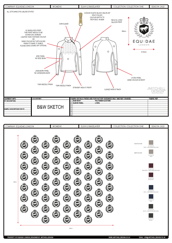Equidae London Base Layer Tech Pack – Designed by J Mitchell Design Tech pack for Equidae London base layer garment showing detailed CAD sketches, fabric callouts and badge placement — created by J Mitchell Design, technical fashion designer.