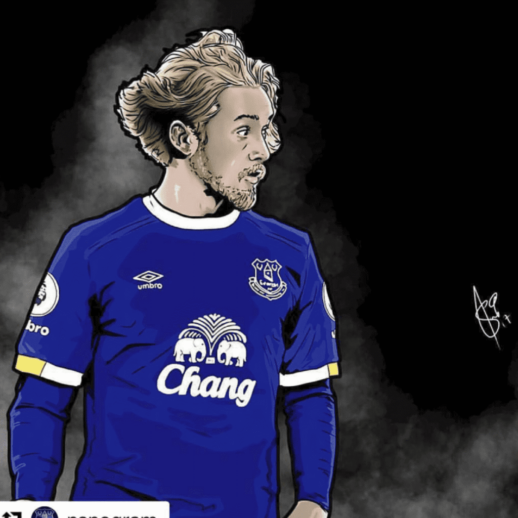 Everton Home Kit Illustration Featuring Umbro Design Illustration of footballer in Everton home kit by Umbro, football kit design by J Mitchell