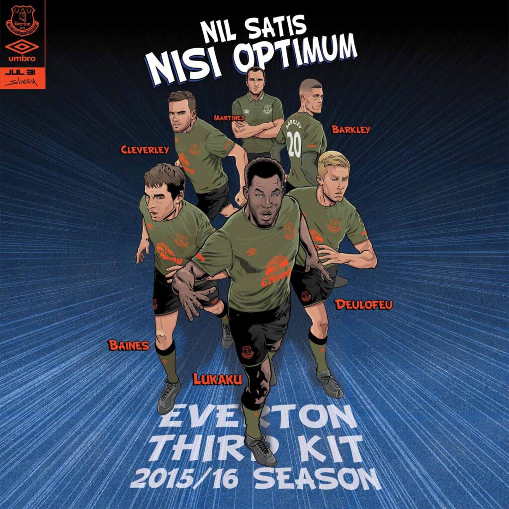 everton-15-16-third-kit-2 Comic-style illustration by Marvel Artist Will Sliney of Everton 2015–16 third kit campaign by Umbro featuring kit designed by Jonathan Mitchell Freelance Fashion Designer