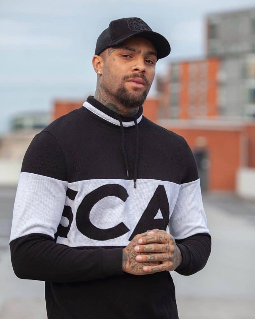 Scar Tissue Streetwear Sweater Designed by J Mitchell Man wearing black and grey Scar Tissue crew sweater with SCAR logo, designed by J Mitchell – freelance fashion designer