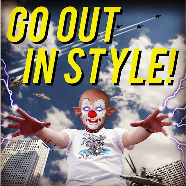 starchild x sloth clothing brighton streetwear fashion designer Masked model in Sloth Clothing tee with apocalyptic background and bold text "Go Out In Style"