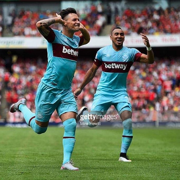 west-ham-football-kit-activewear West Ham players celebrating in light blue Umbro away kit designed by Jonathan Mitchell