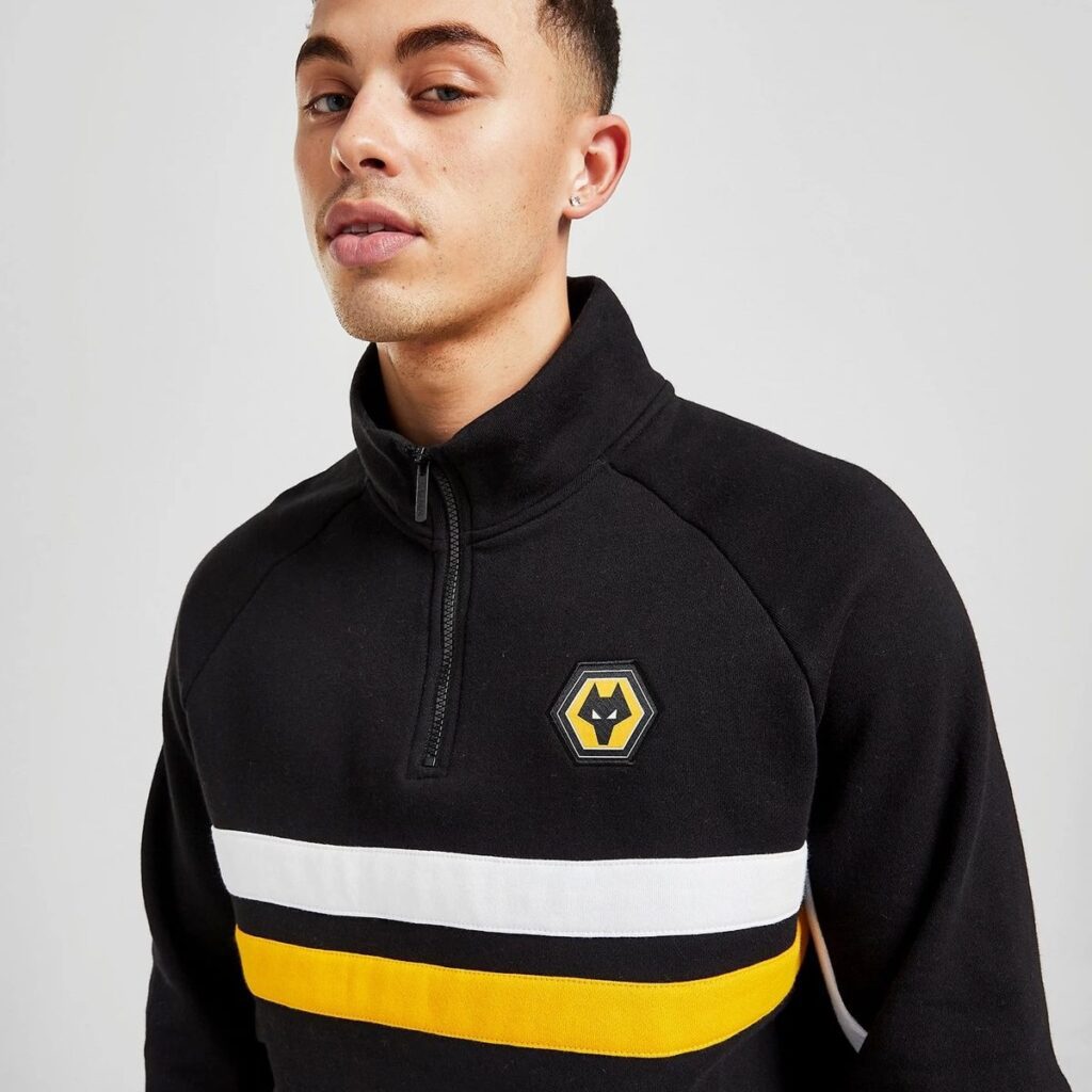 Wolves FC black quarter zip sweatshirt with yellow and white stripe