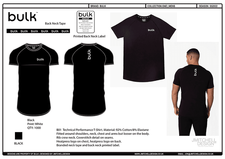 J Mitchell Design x Bulk 1 CAD and mock-up of black Bulk branded technical t-shirt designed by Jonathan Mitchell, showing front and back views