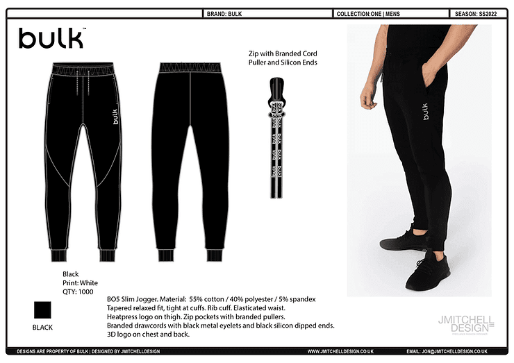 J Mitchell Design x Bulk 3 CAD and model photo of black tapered gym joggers designed for Bulk by Jonathan Mitchell with drawcord and logo detailing