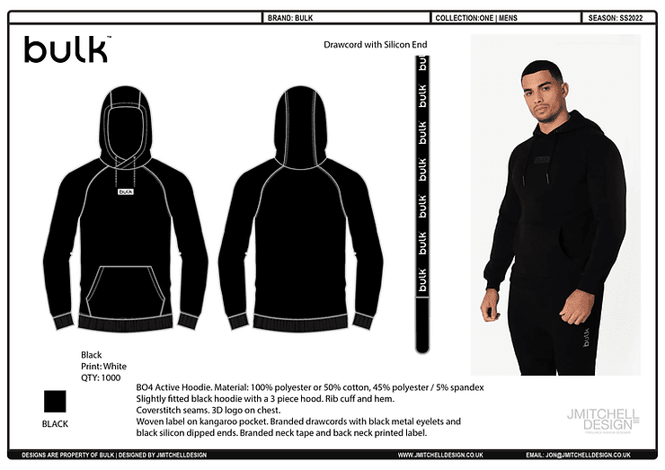 J Mitchell Design x Bulk 2 Technical CAD and product shot of a black Bulk active hoodie with branded drawcords and chest logo, designed by Jonathan Mitchell