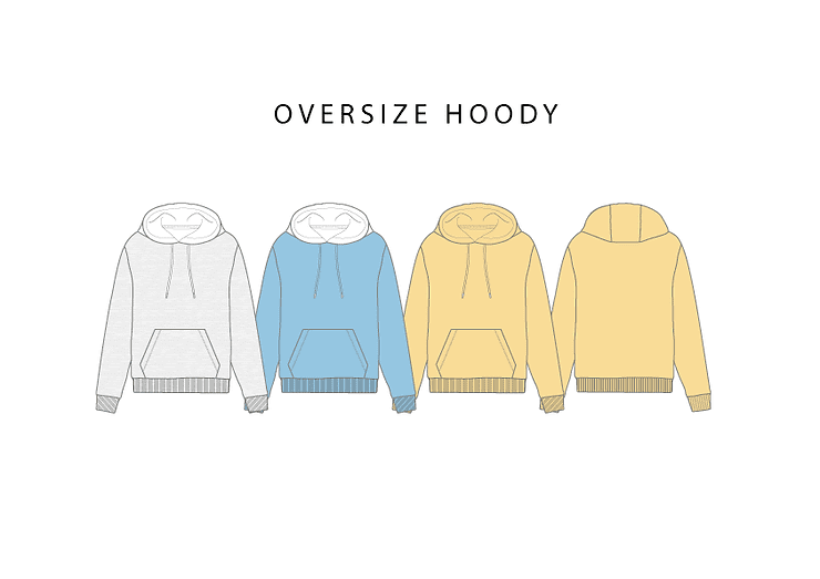 Vector illustration of oversized hoodies in white, blue, and yellow colourways showing front and back views for fashion design use