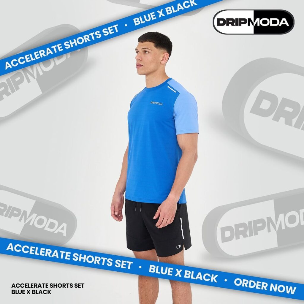 Dripmoda activewear sets fashion designer uk Promotional image of Dripmoda Accelerate Shorts Set in blue and black