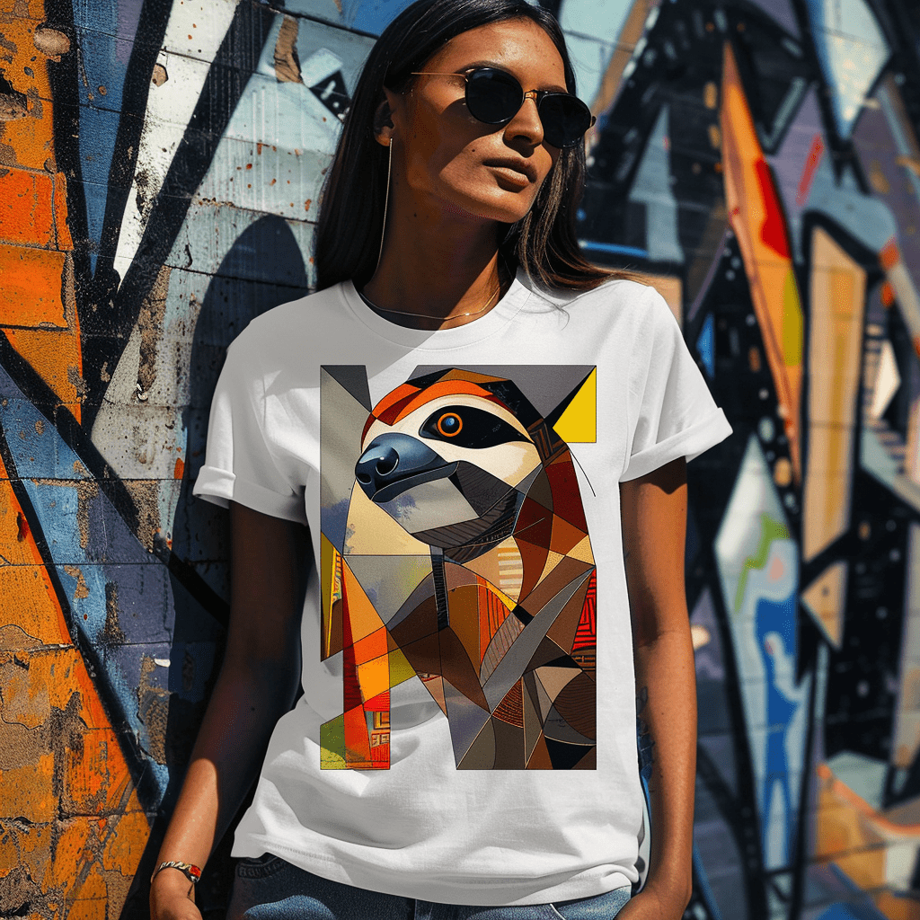 Woman wearing a white graphic t-shirt with an abstract sloth design, created by Jonathan Mitchell for his Sloth brand – urban graffiti wall background