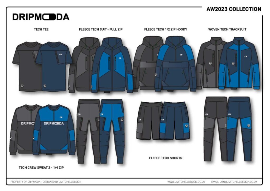 2024 Fashion Design Portfolio Update: My best yet! 2 a blue and black jacket and pants tech collection