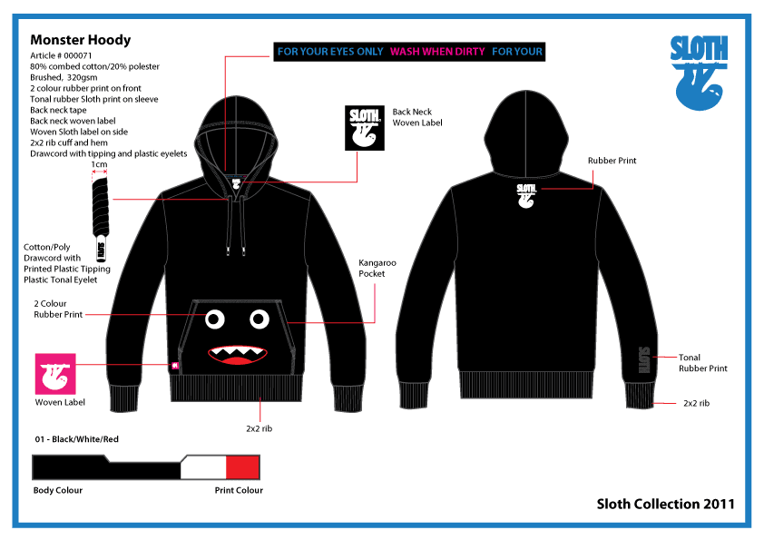 A Freelance Fashion Design Journey 2 Technical design sheet of the Monster Hoody from Sloth Collection 2011, featuring a black pullover hoodie with monster face front print, designed by Jonathan Mitchell.