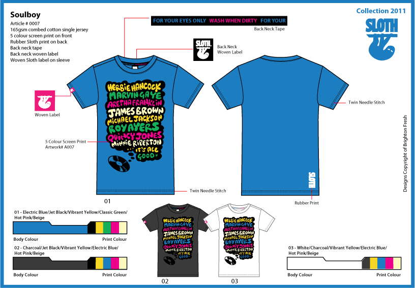 A Freelance Fashion Design Journey 3 Tech pack layout of Sloth Clothing’s “Soulboy” graphic t-shirt from Collection 2011, featuring 5-colour screen print artwork by Starchild (Anil Mistry) and design specs.