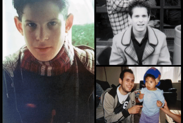 A collage of personal photos showing Jonathan Mitchell at different life stages, from teenage years to adulthood, reflecting his journey into the fashion industry ✅ Caption