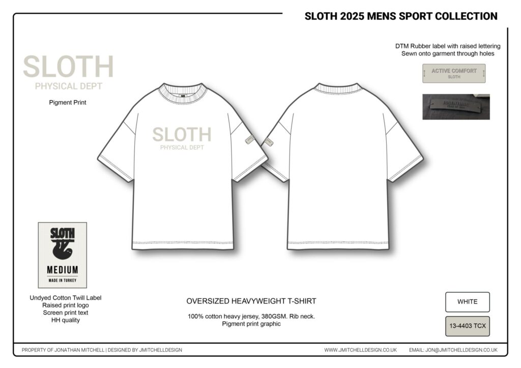 What’s the First Stage When Building a Fashion Brand? 1 An oversized 380GSM cotton tee with pigment print graphic, rib neck, and DTM rubber label detailing.