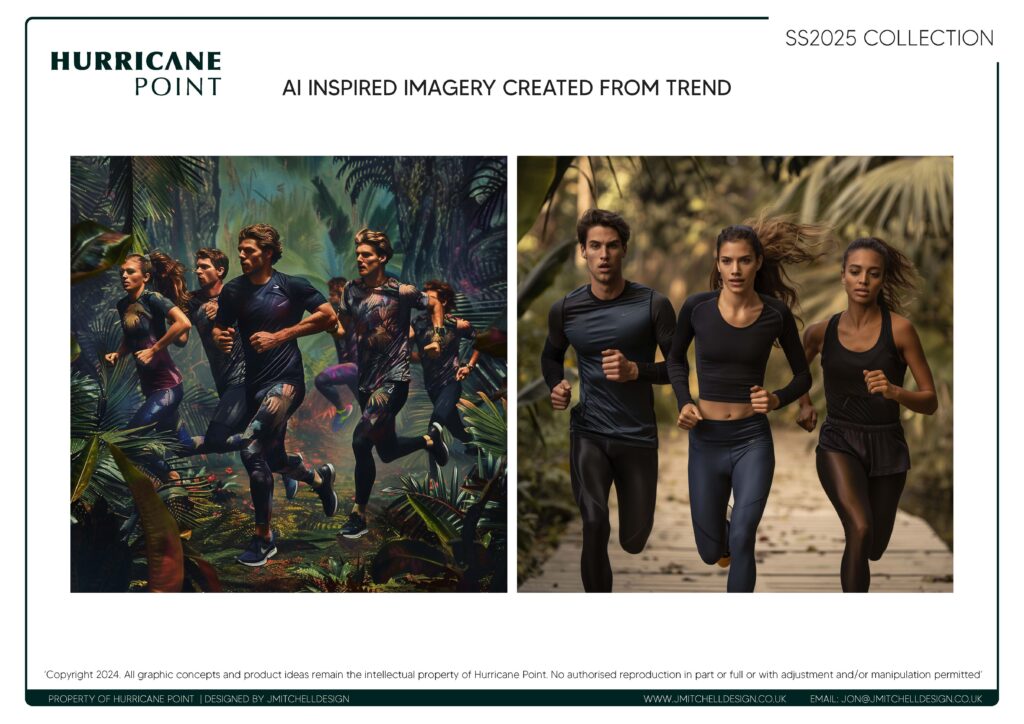 AI Visual Concept – Group Jungle Run AI-generated image of mixed-gender running group in printed athletic wear through jungle