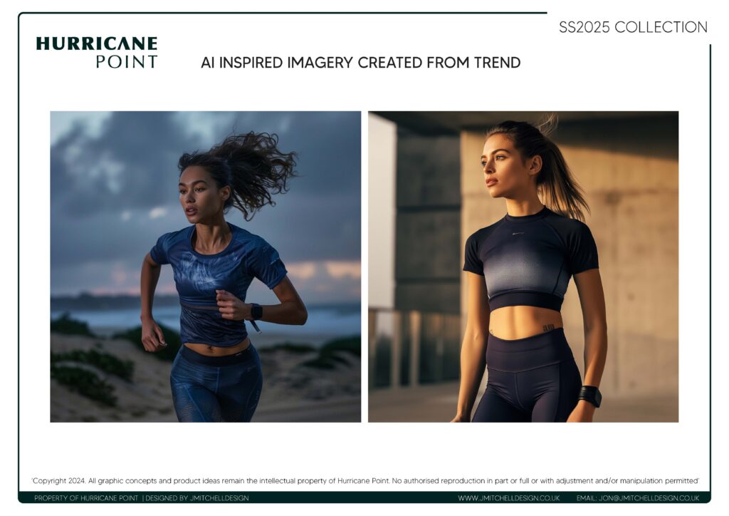 AI Visual Concept – Sunrise Run and Urban Explorer Female runners in ombré cropped tops and tights at dawn and in architectural cityscape Female runners in ombré cropped tops and tights at dawn and in architectural cityscape Caption: Mood visuals exploring time-of-day colour transitions in activewear