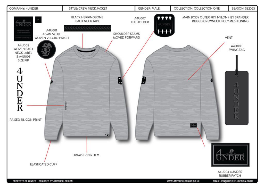 Golf-Crew-Neck-Jacket-Tech-Pack-(Grey) Technical drawing of crew neck golf jacket in grey