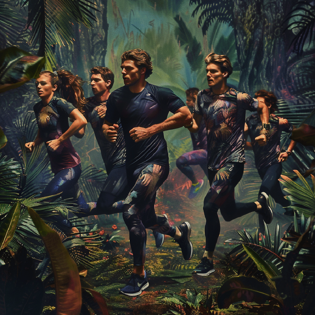 J Mitchell Fashion Design 20 AI-generated image of mixed-gender runners wearing printed technical activewear in a jungle setting