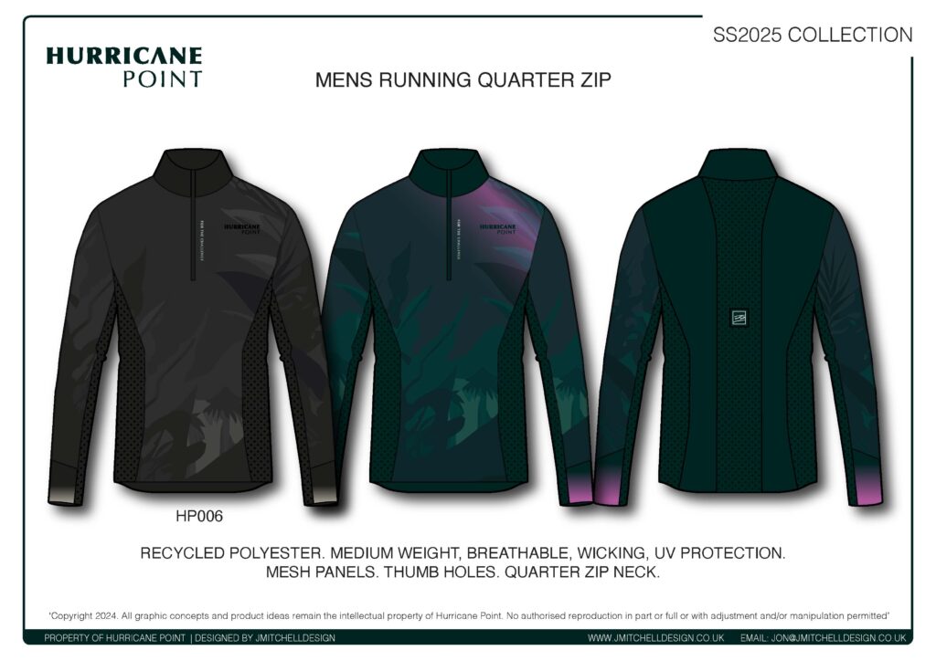 Designing for Movement: Behind the Hurricane Point Running Brand Concept 2 Front, back and side views of a men’s technical quarter zip running top by Freelance activewear designer J Mitchell