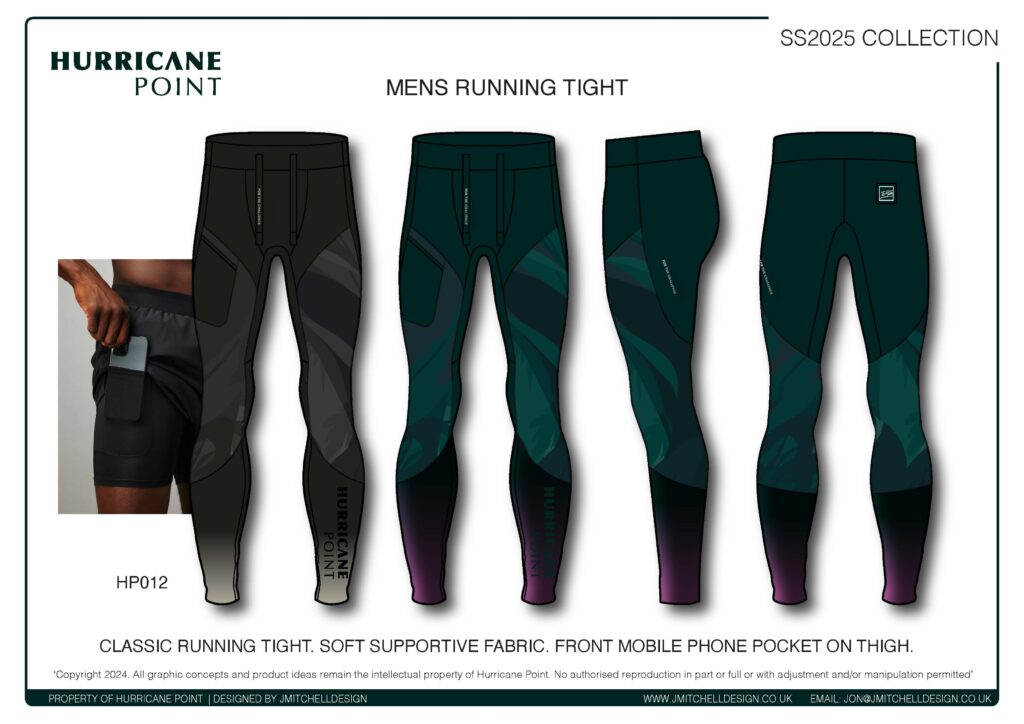 Hurricane Point Men’s Running Tights Performance running tights for men with thigh mobile phone pocket and contrast panels