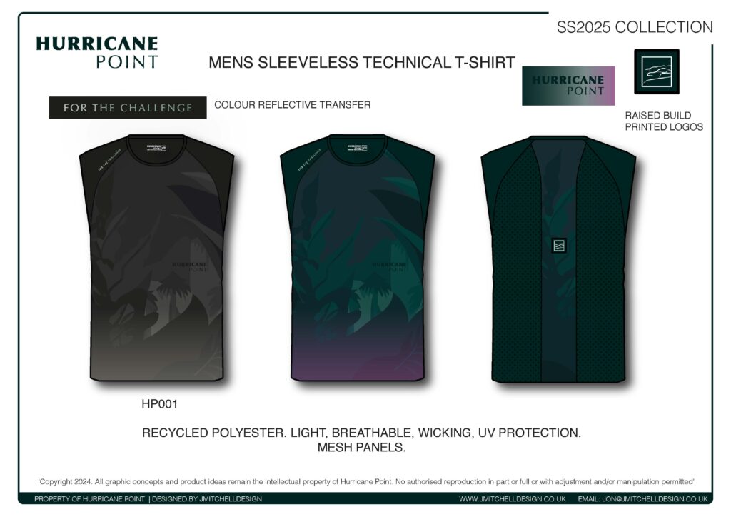 Hurricane Point Men’s Sleeveless Running T-Shirt Design Technical design of a men’s sleeveless running t-shirt from Hurricane Point SS25 collection