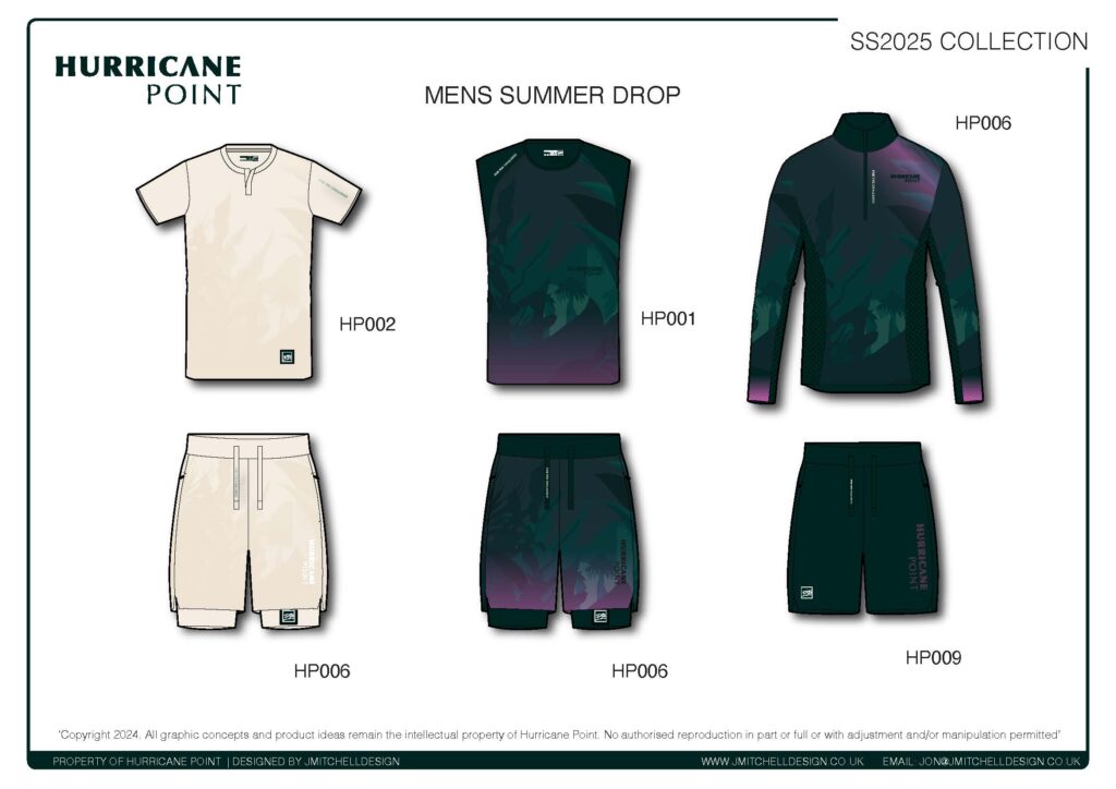 Hurricane Point Men’s Summer Drop Overview Colour-coordinated men’s summer activewear set featuring tech tees, shorts and zip top