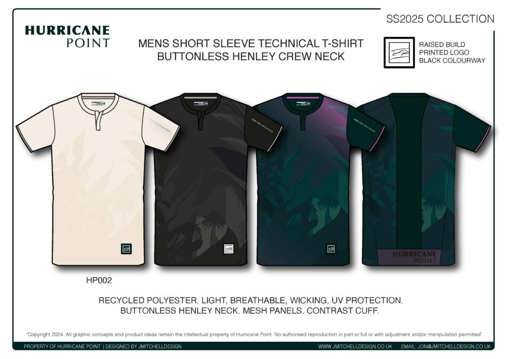 Hurricane Point Men’s Technical Henley Tee Design Short sleeve men’s technical t-shirt with Henley crew neck, shown in four colourways