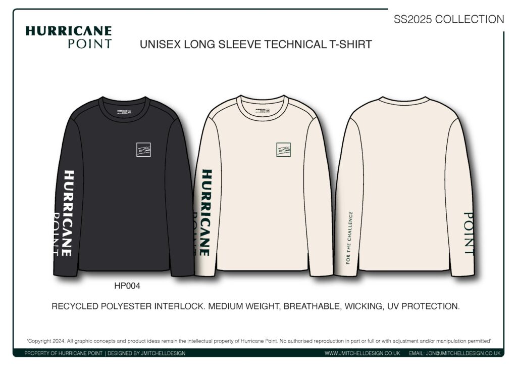 Hurricane Point Unisex Long Sleeve Running Tee Technical drawings of a long sleeve running t-shirt with bold Hurricane Point sleeve graphics