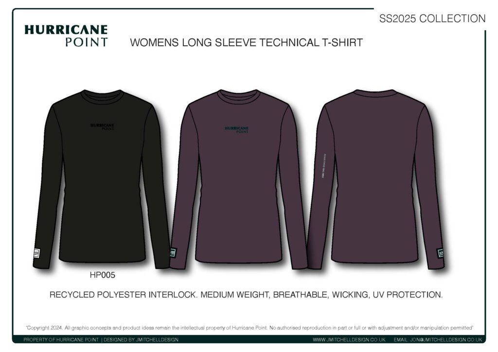 Hurricane Point Women’s Long Sleeve Running T-Shirt Technical CAD of long sleeve running tees for women with For the Challenge printed sleeve