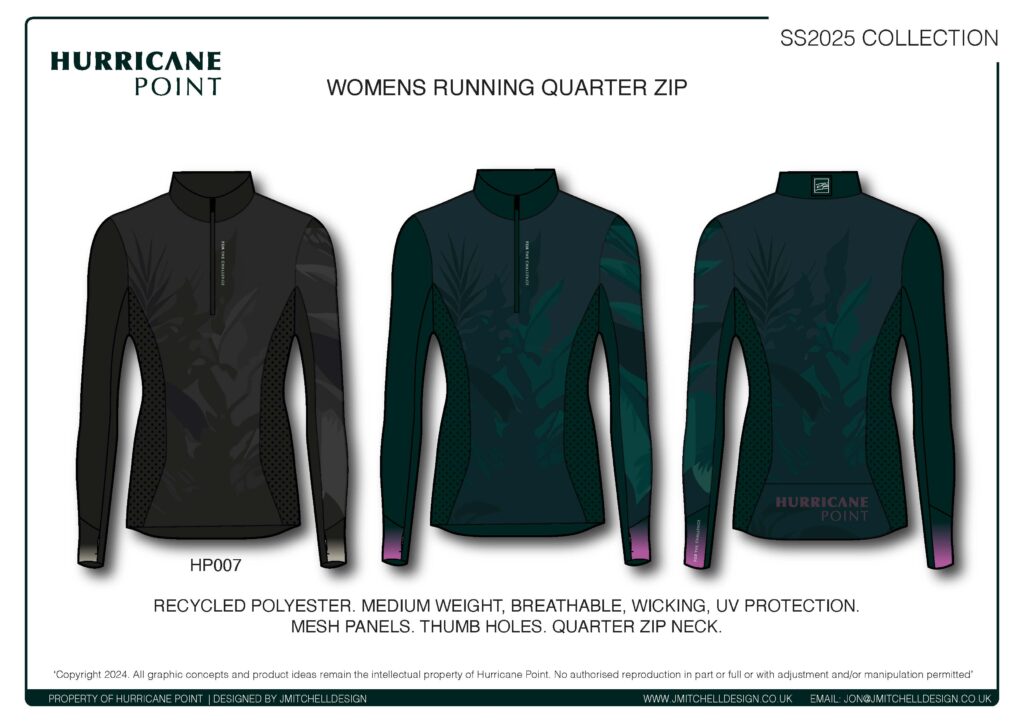 Hurricane Point Women’s Running Quarter Zip Technical visuals of women’s quarter zip midlayer with printed mesh panels and thumb holes