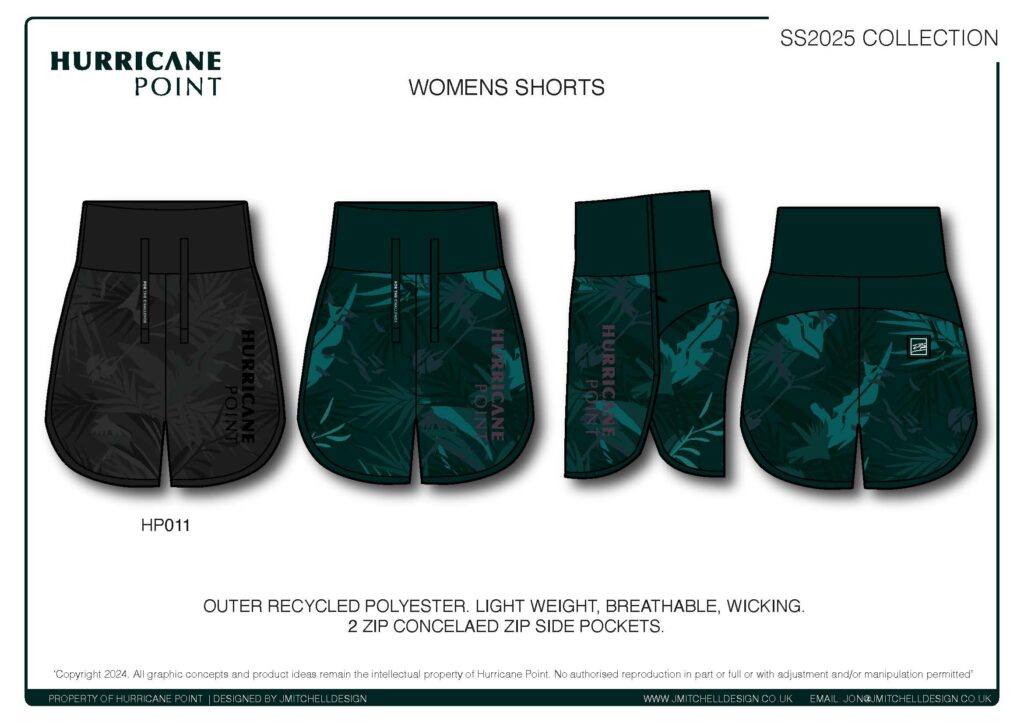 Hurricane Point Women’s Running Shorts Technical CAD of women’s running shorts in multiple colourways with concealed pockets