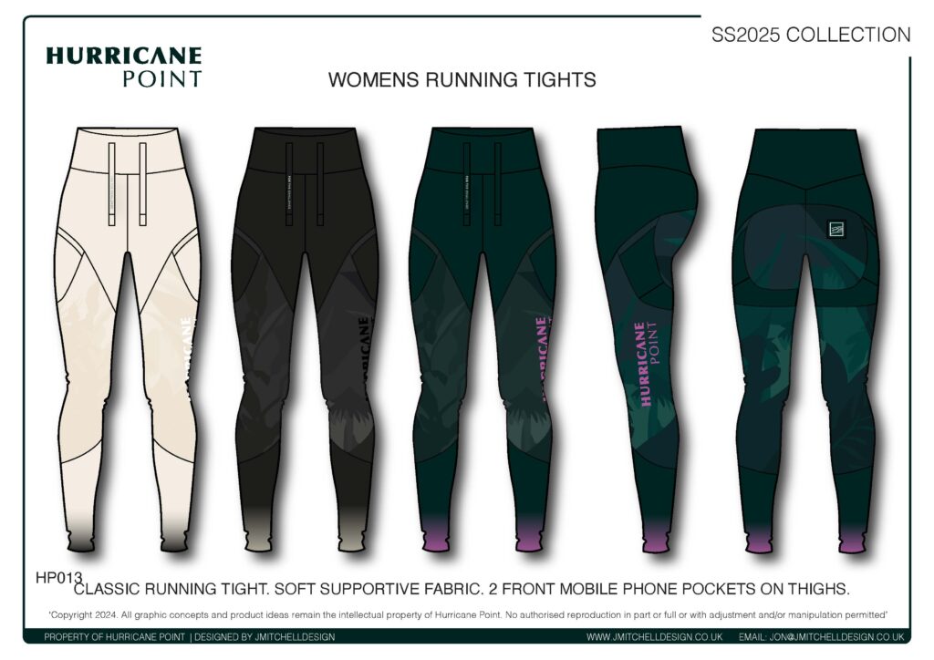 Hurricane Point Women’s Running Tights Women’s running tights in black, cream, and ombré print with dual phone pockets