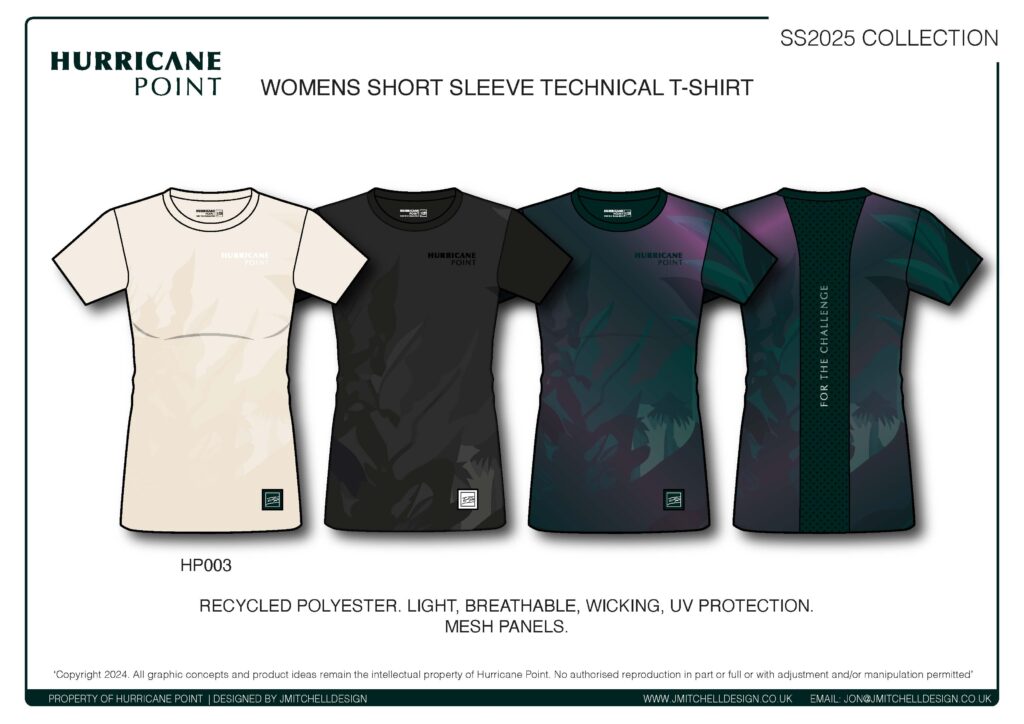 Hurricane Point Women’s Short Sleeve Running Tee Design visual of women’s technical running t-shirt with mesh back panel and reflective logos