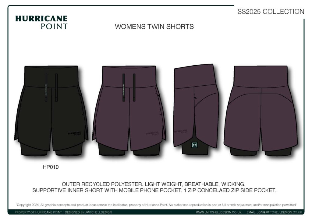 Hurricane Point Women’s Twin Shorts Design Side and front views of women’s dual-layer running shorts with subtle logo placement