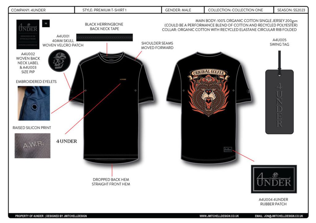 Technical-Golf-T-Shirt-Flat-Design Premium 4UNDER t-shirt tech drawing with graphic back print