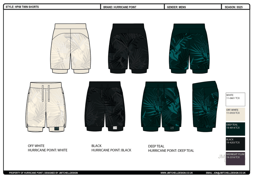 Twin Shorts Colour CAD View Colour CAD view of Hurricane Point HP08 men's twin running shorts