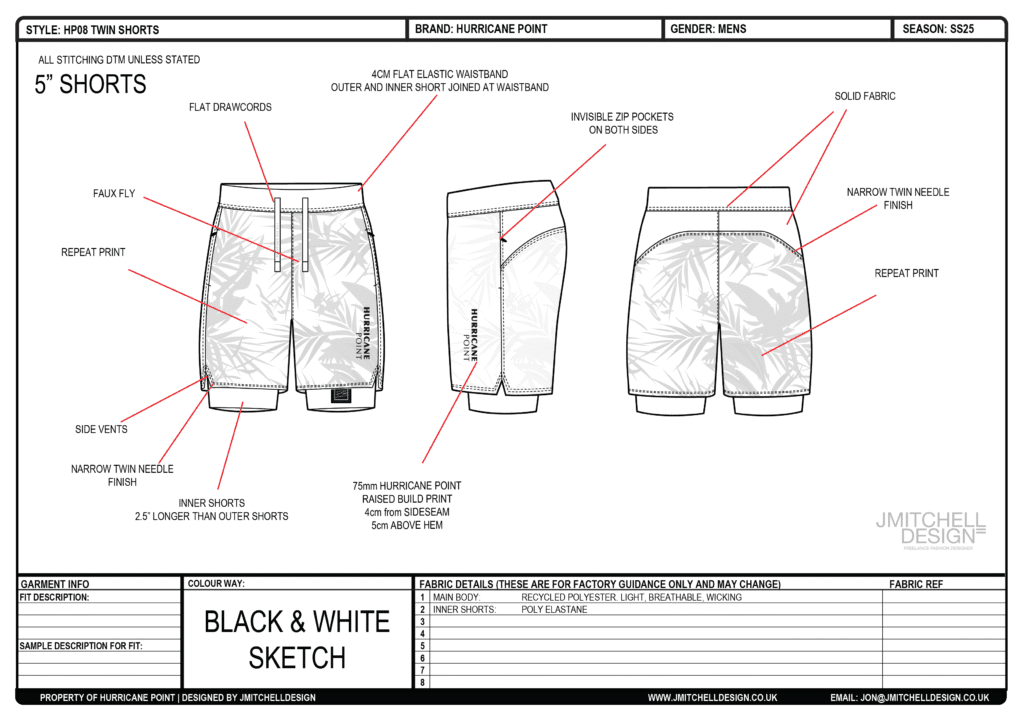 Twin Shorts B&W Tech Pack Page Black and white view of Hurricane Point HP08 men's twin running shorts