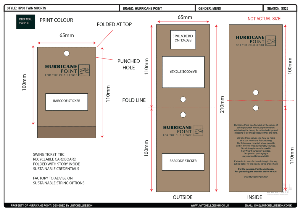 Twin Shorts Swing Tag Recyclable and biodegradable swing tag layout with size specs and print areas
