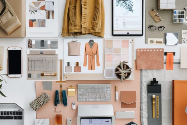Flat lay of fashion design workspace with fabric swatches, CADs, colour palettes, tools and a laptop