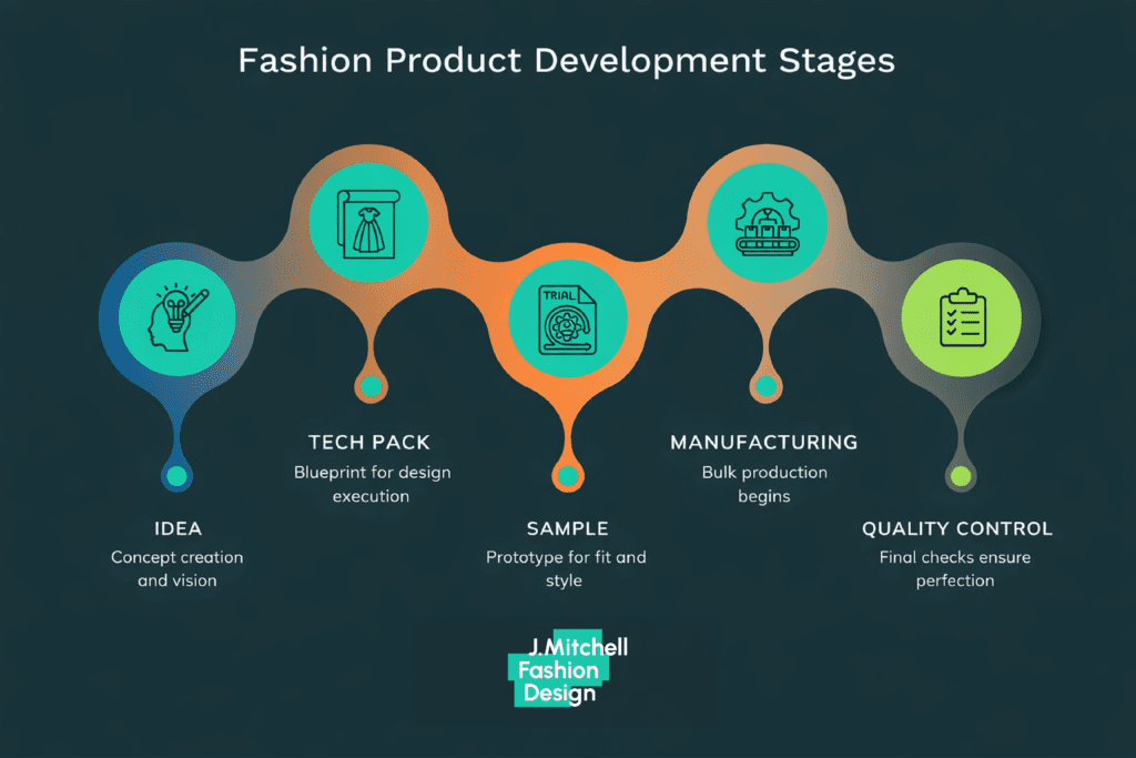 How Much Does It Cost to Hire a Fashion Designer in 2026? 1 fashion product development stages infographic including idea tech pack sampling manufacturing and quality control