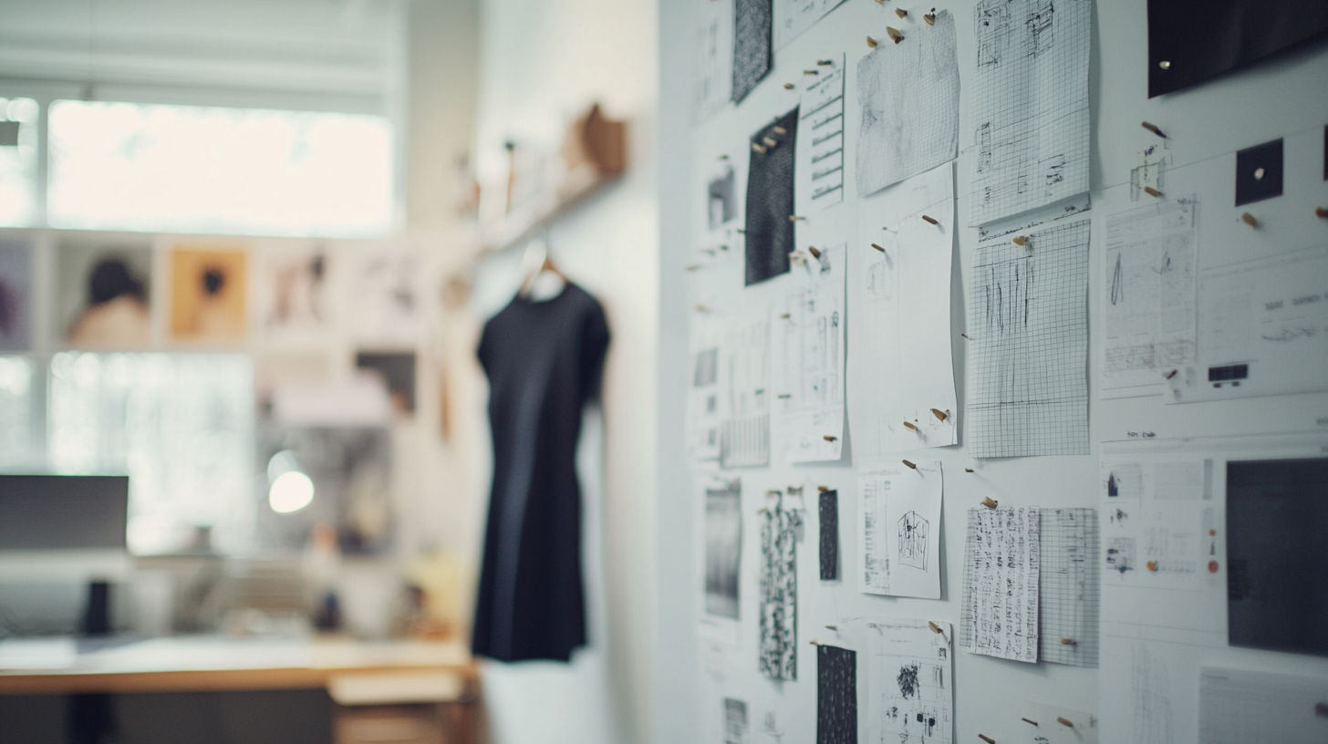 Custom Creator Merch Design 4 Fashion design studio wall with CAD flats, tech pack pages and fabric swatches pinned up, garment on a rail in the background